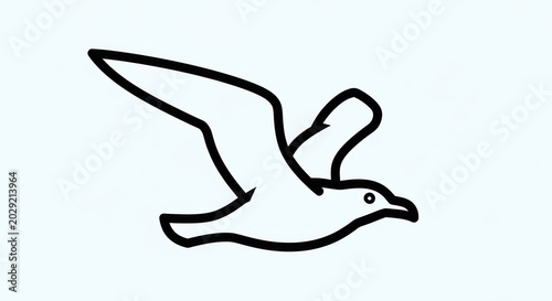 Minimalist Black Line Art Seagull in Flight on White Background