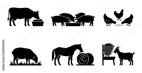 Photos Farm Animal Silhouettes Collection: Cow, Pig, Chicken, Sheep, Horse, Goat Icons,