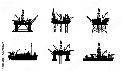 Bild auf Leinwand Offshore Oil Rig Icons, Industrial Platform Silhouettes, Marine Drilling Set, En
