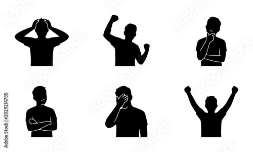 Cuadro en lienzo Silhouette Figures Expressing Emotions, Set of 6 Vector Icons: Frustration, Succ