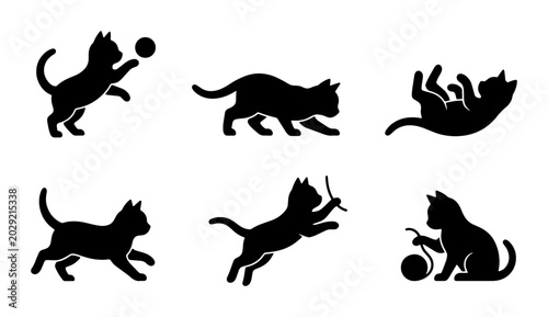 Fotografía Six Silhouette Cat Icons, Playful Feline Poses Vector Set, Black Animal Graphics
