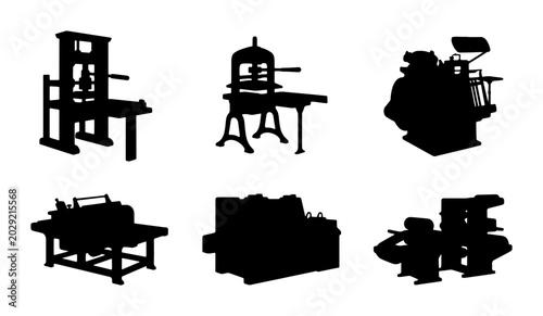 Fotografija Vintage Printing Press Silhouettes, Industrial Machinery Icons, Retro Lithograph