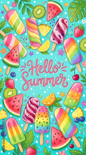 Hello summer bank holiday concept with colorful popsicles and fruits