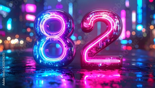 Glowing neon numbers eight and two illuminate a futuristic wet cityscape at night with vibrant reflections.