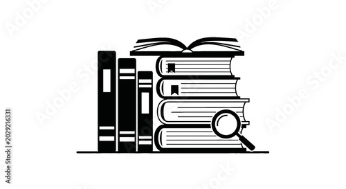 Tableau sur toile Stack of books with magnifying glass.