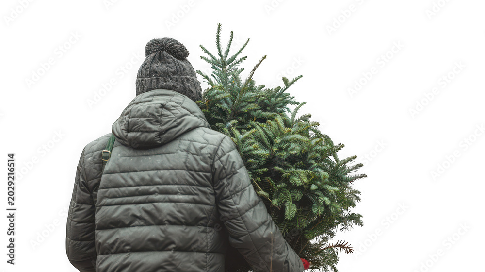 Fototapeta premium Person wearing winter jacket carrying a fresh green christmas tree isolated on transparent background