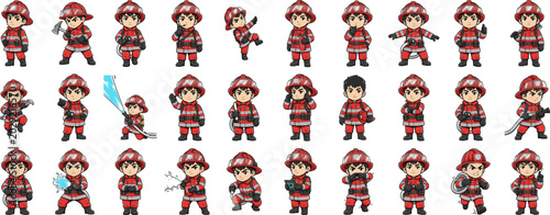 Photography Collection of Pixel Art Firefighter Characters Posing and Performing Various Act