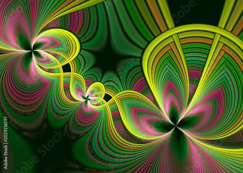 Green, pink lines, neon fractal flower chain pattern background. Futuristic technology concept.