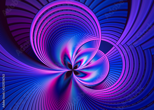 Abstract interlocking neon circles fractal art background. Like a butterfly or flower. Futuristic spirituality or technology concept.