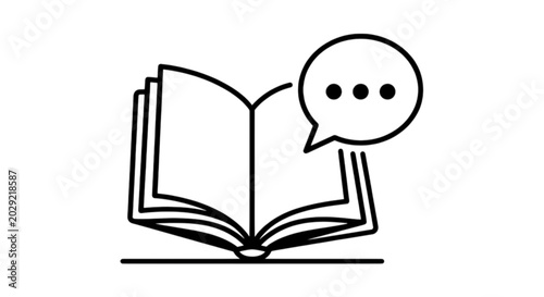 An open book line art vector image displaying a speech bubble with three dots indicating discussion, reading, learning, talking, education, or storytelling