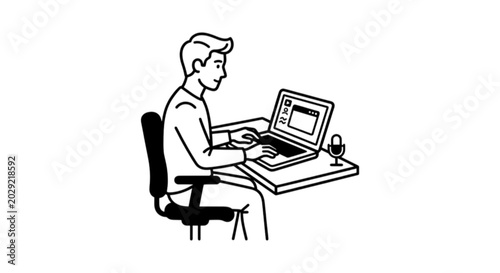 A side view line art vector image of a young man sitting at a desk working on a laptop computer with a microphone nearby