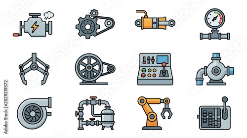 Foto Collection of Industrial Mechanical Engineering Components and Equipment Icons