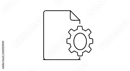 Foto A simple outline vector image of a page document featuring a gear cog wheel on the side illustrating technical specifications or instruction manual files