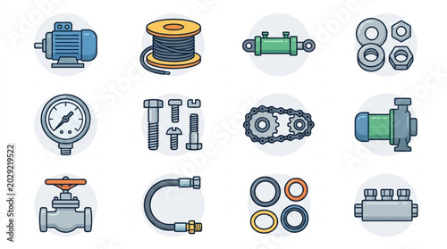 Фотография Collection of industrial mechanical engineering parts and equipment icons