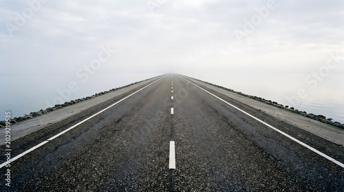 Straight asphalt road stretching across the water towards a misty horizon, symbolizing a long journey into the unknown future under a cloudy sky.