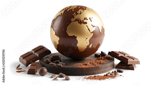 Chocolate globe on wooden pedestal surrounded by chocolate bars and cocoa powder on white background.