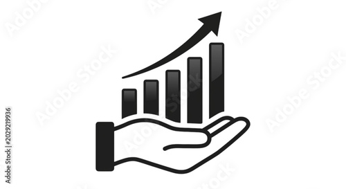 Bild auf Leinwand Financial concept black and white vector image icon showing a cupped human hand supporting a rising bar graph chart with an upward growth arrow