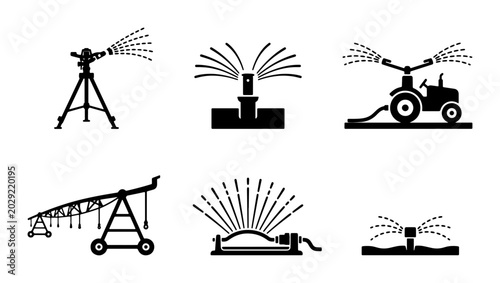 Foto Agricultural Irrigation Systems Vector Icons, Farming Water Sprinklers Set, Farm