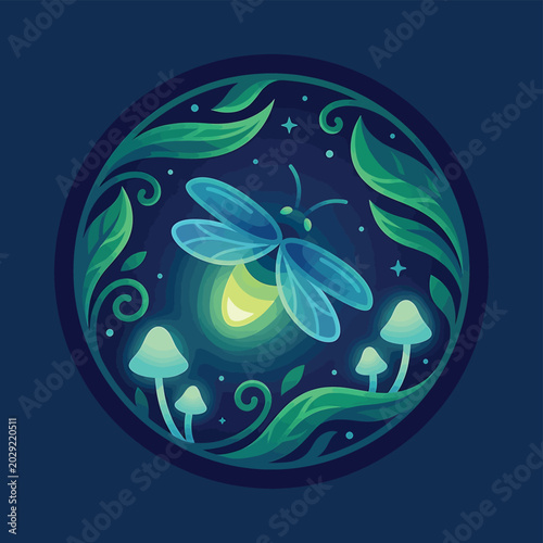 Foto Glowing firefly insect with mushrooms.