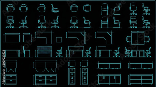 Office Furniture CAD Block Collection Blueprint Vector Set with Tables Chairs Desks Workstations and Storage Units