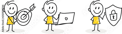 Stick figure business character set showing archery bullseye target with arrow, working on a laptop computer, and holding a security shield with padlock protection concept