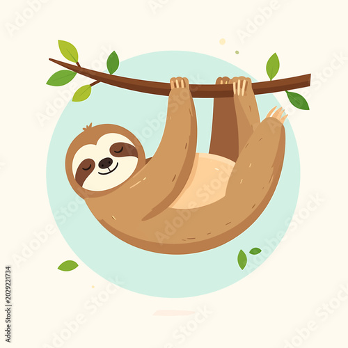 Bild auf Leinwand Sloth Hanging from Tree Branch Smiling.