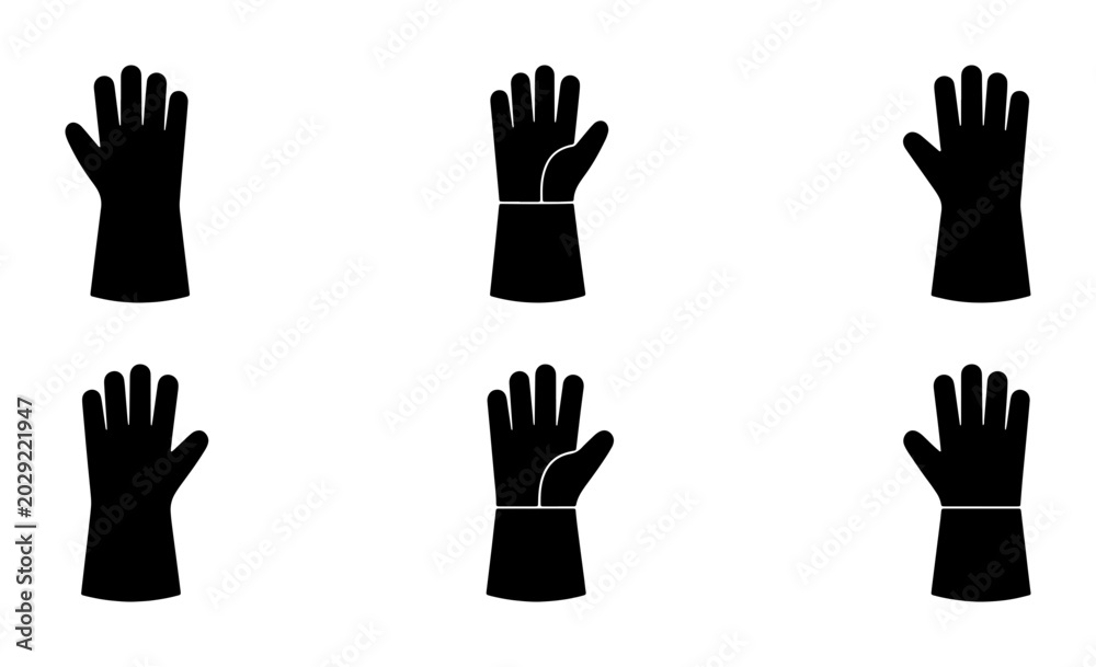 Fototapeta premium Black Protective Gloves, Safety Handwear Icons, Industrial Work Mittens, Heat Resistant Gear, Vector Illustrations Set