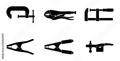 Tableau sur toile Set of 6 Black Silhouette Clamps and Pliers, Industrial Tools Collection, Worksh