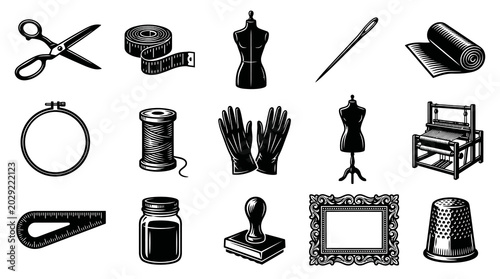 Vintage Engraving Style Line Art Icons of Sewing, Tailoring  Textile Craft Tools. Fashion Design  Handicraft Supplies Collection.