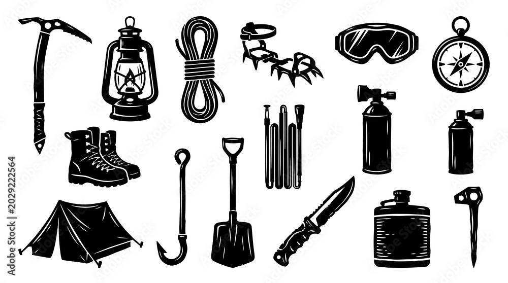 Obraz premium Black and White Vector Icons of Camping and Climbing Gear for Outdoor Adventures
