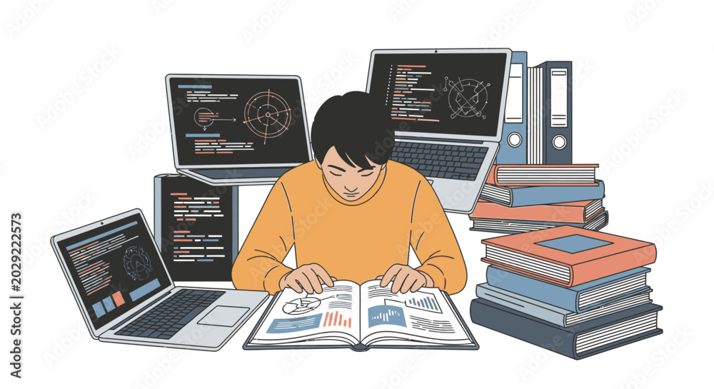 Fototapeta premium Young man immersed in coding and studying, surrounded by laptops, books, and technology, representing modern education and software development.