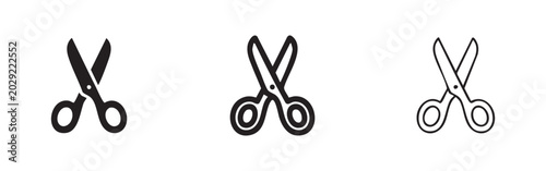 Schilderij op canvas Scissors icon set in solid, outline, and thin line styles, representing cutting tools for various uses like craft or office
