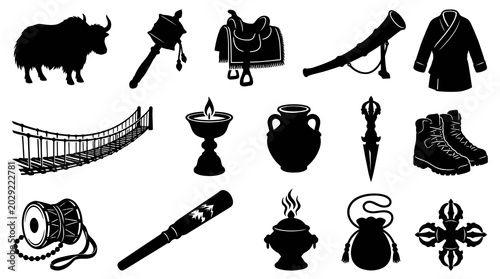 Black  White Glyphs of Tibetan Cultural Symbols: Yak, Prayer Wheel, Saddle, Horn, Robe