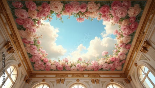 Palace interior ceiling mural with abundant pink roses and green leaves against a sky with clouds. Ornate gold trim and white walls add to the luxurious, romantic atmosphere.