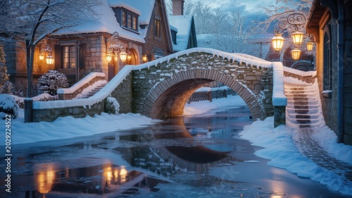 Cozy winter village scene with stone bridge illuminated by warm outdoor lights
