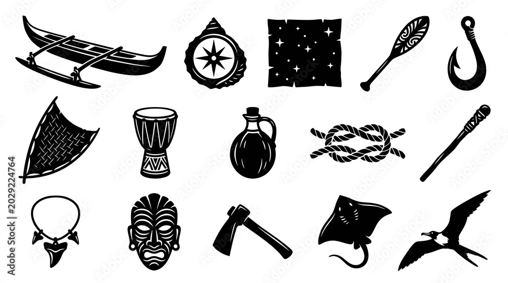 Fototapeta premium Polynesian Tribal Nautical Adventure Vector Icons Set - Black and White Glyphs