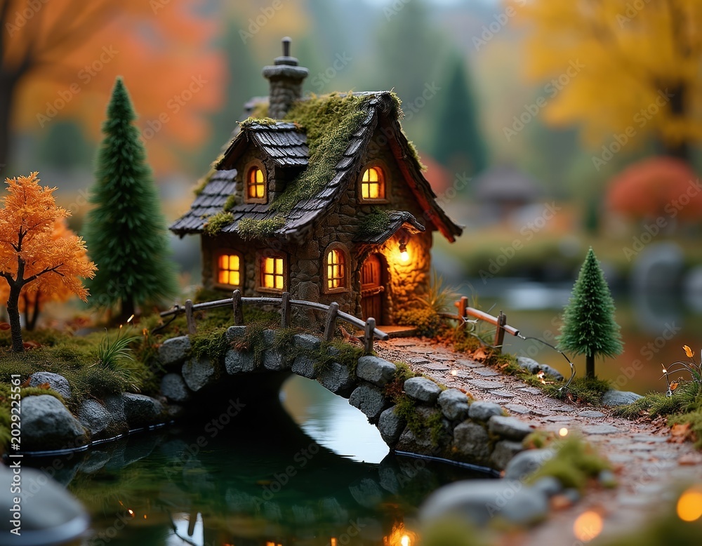 Obraz premium Tiny mossy stone house sits on arched stone bridge over calm water. Autumn trees glow with warm light. Miniature village scene evokes cozy, fairy tale charm. Peaceful, magical atmosphere.