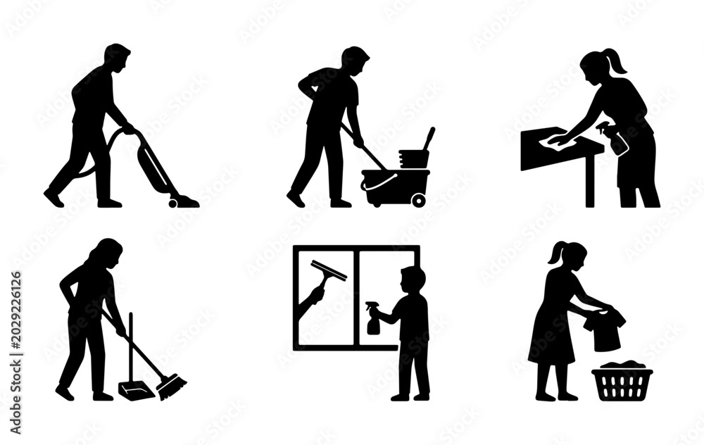 Fototapeta premium Cleaning Service Icons: Housekeeping Silhouettes, Janitorial Tasks, Home Maintenance Vector Set