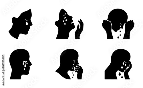 Fotografie Set of 6 Silhouette Icons Depicting Grief, Sadness, and Emotional Distress, Vect