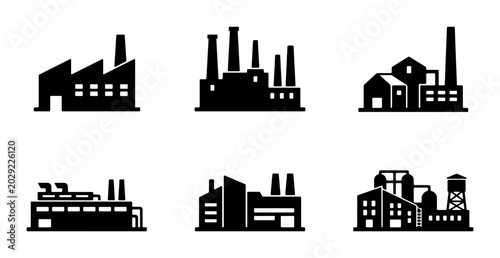 Photos Industrial Factory Icons Set, Manufacturing Plant Silhouettes, Production Facili