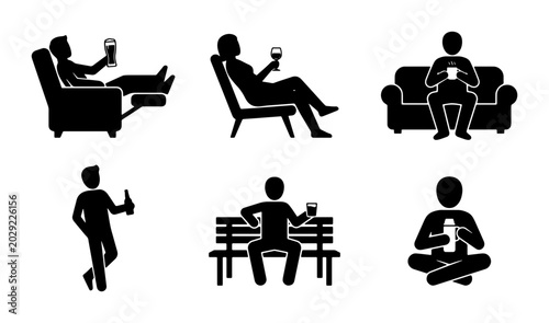 Schilderij op canvas Relaxation Icons, Leisure Activities, People Enjoying Drinks and Devices, Vector