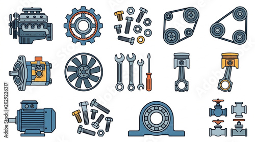 Schilderij op canvas Collection of mechanical parts and engine components for industry