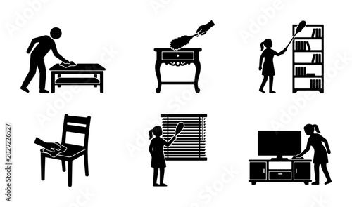 Photos Home Cleaning Icons Set, Domestic Chores Pictograms, Housekeeping Silhouettes, D
