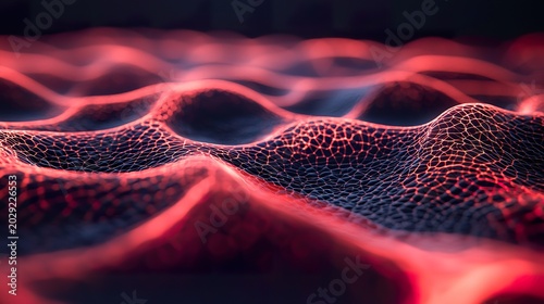 Side profile of a glowing red viral entity, highlighting its three-dimensional contours and finely textured surface, dark, subtly textured biological foreground, biomedical, sharp, 