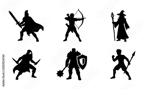 Foto Fantasy Warrior Silhouettes, Medieval Hero Icons, Mythical Character Set, Role-P