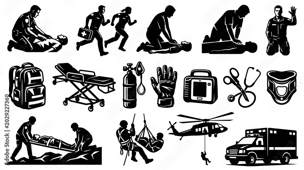 Obraz premium Medical Emergency Services Icons: CPR, Ambulance, Helicopter, Rescue