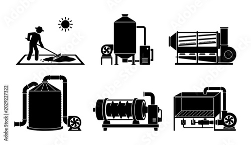 Schilderij op canvas Industrial Processing Equipment Icons, Agricultural Machinery Set, Manufacturing