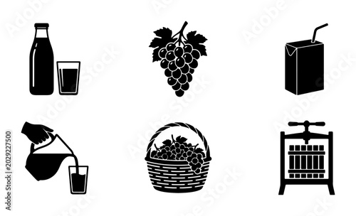 Bild auf Leinwand Grape Harvest and Juice Production Icons: Bottle, Bunch, Carton, Pouring, Basket
