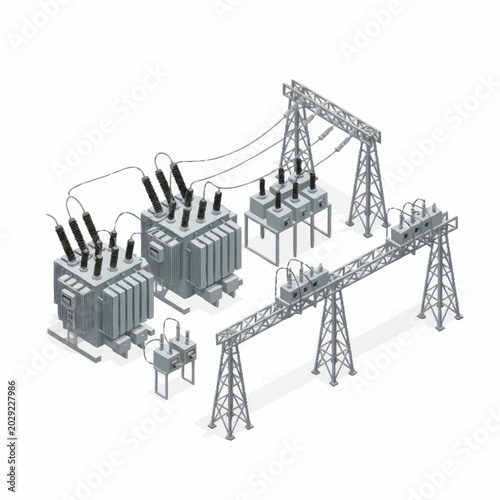 Fotografie Electrical power substation with transformers and transmission towers