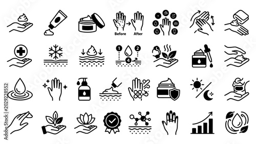 Obraz na plátně Skincare line icons set, 28 cosmetic hand care vector elements, dermatology and